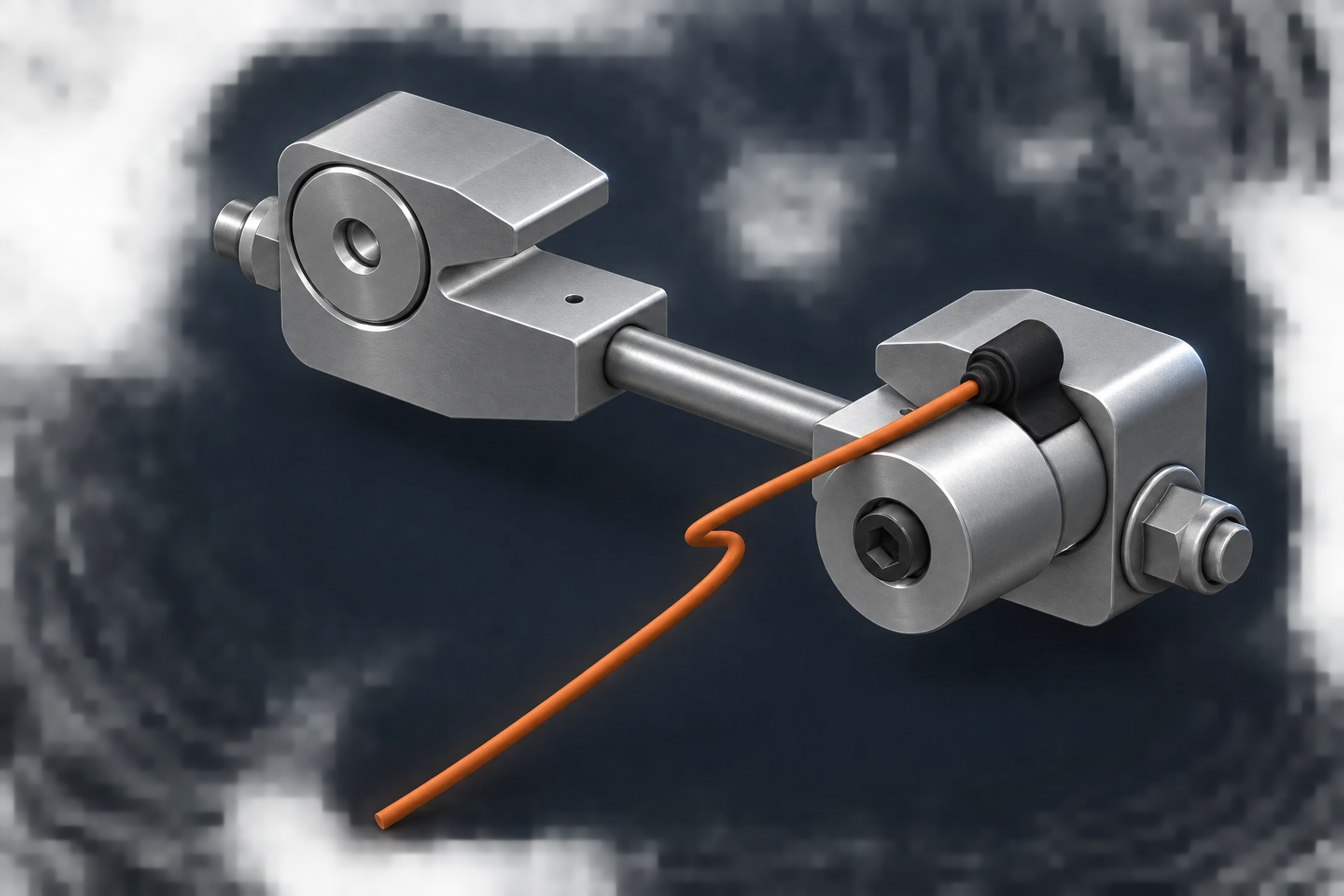 CAD view showing the actuator, opposing clamp, connecting rod and cable without the rail